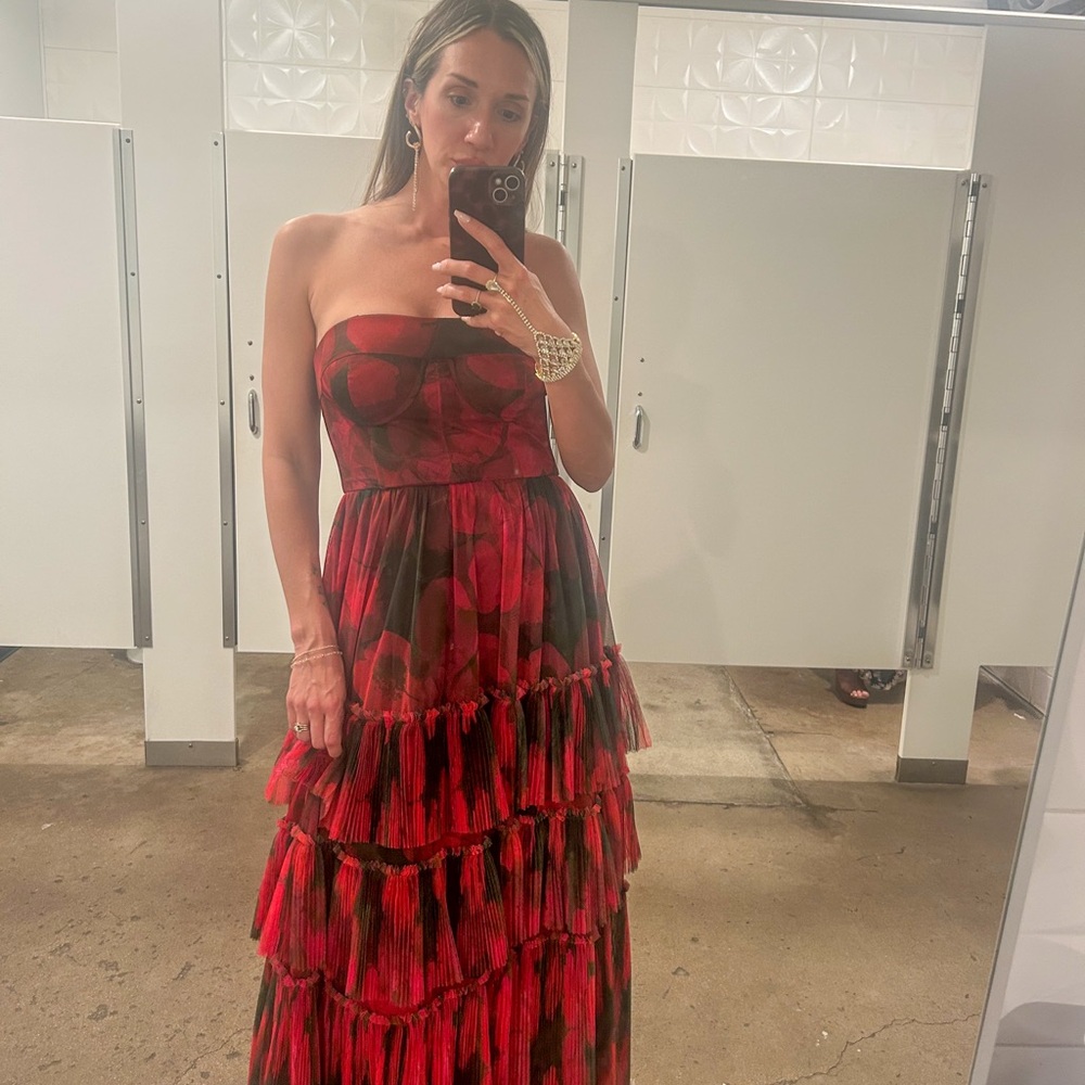Hutch Red and Black Strapless Tiered Tulle Gown